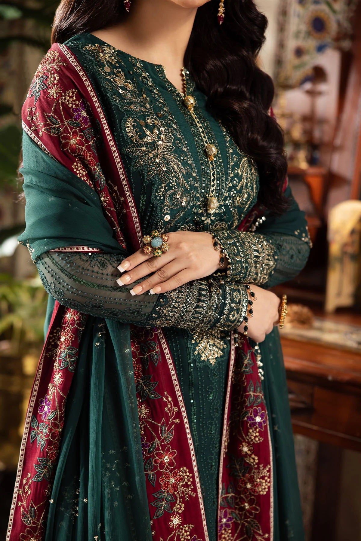 Elegant Embroidered Chiffon & Silk Unstitched Formal Ensemble - Mahroo