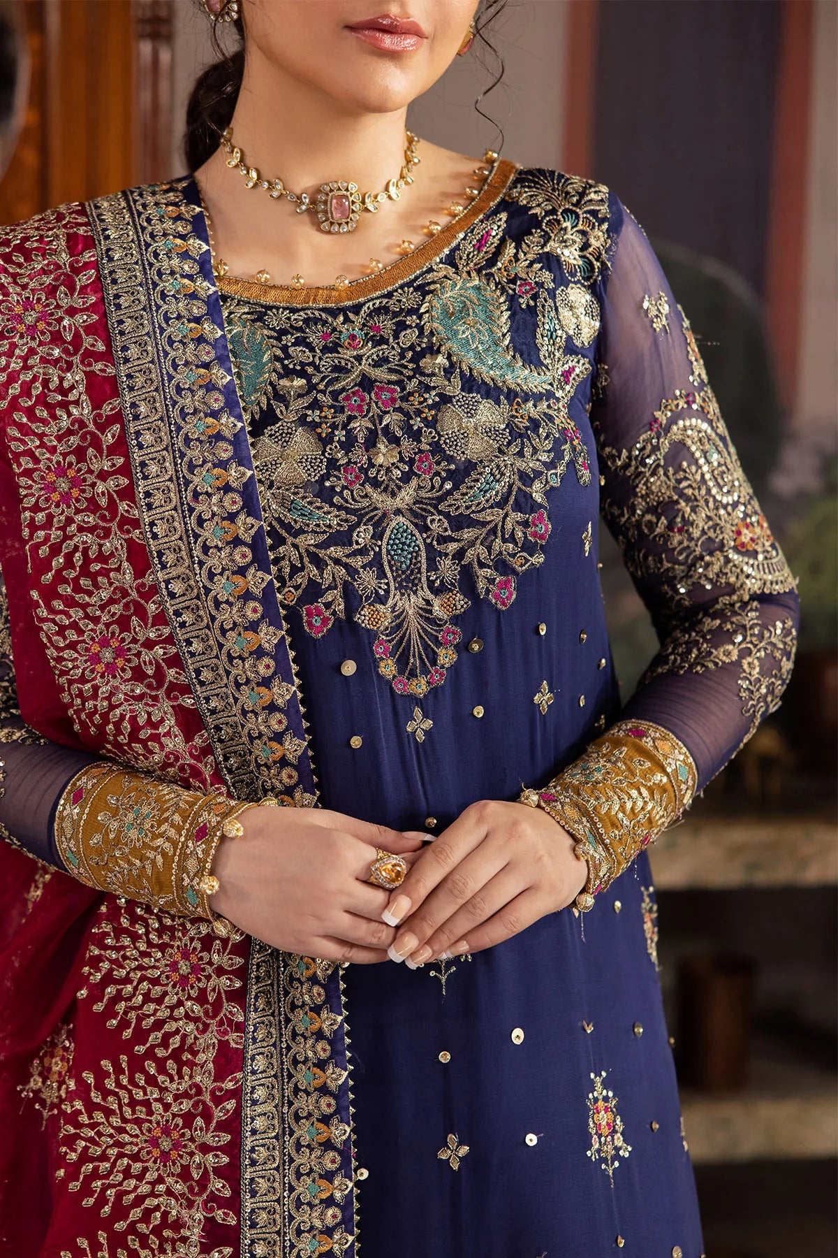 Elegant Embroidered Chiffon & Silk Unstitched Formal Ensemble - Jugni