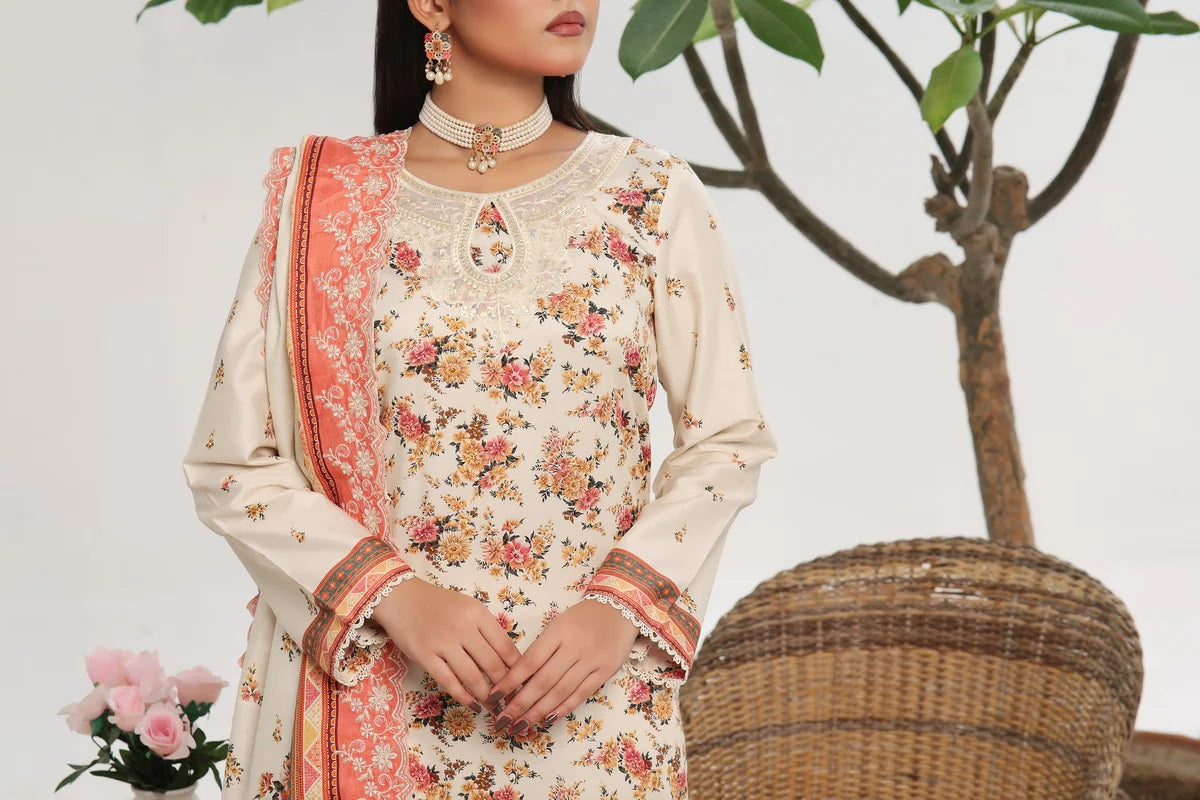 ANMOL Cottle Printed Embroidered Unstitched 3pcs Suit With Embroidered Dupatta - 573