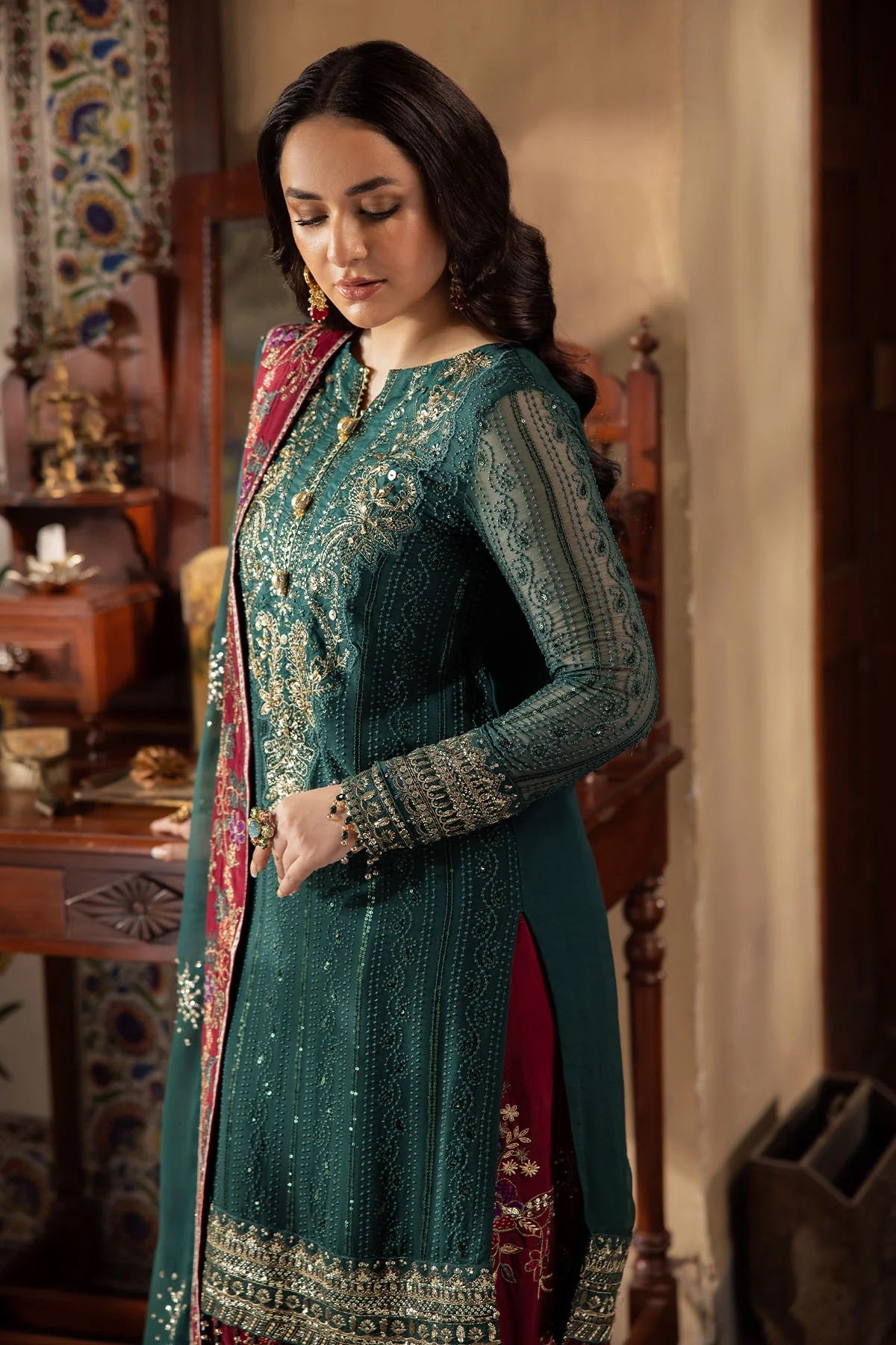 Elegant Embroidered Chiffon & Silk Unstitched Formal Ensemble - Mahroo